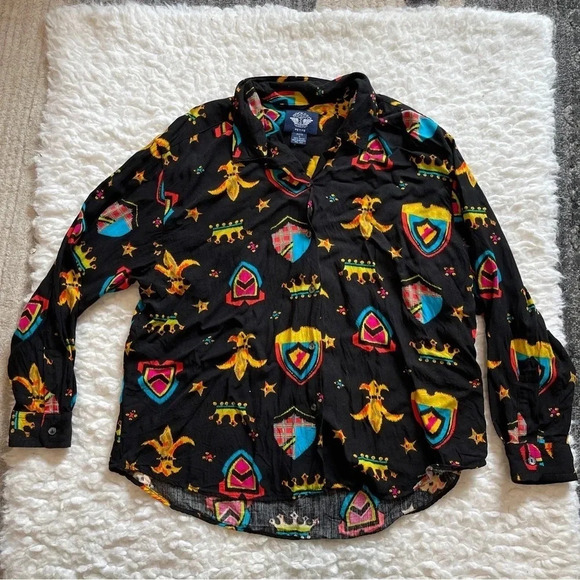 Docker black blouse fleur de lis pattern - size medium petite - Picture 3 of 13